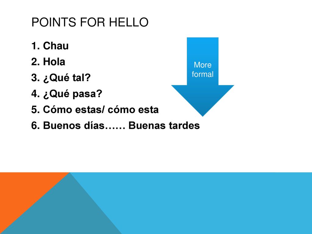 POINTS FOR HELLO Chau Hola ¿Qué tal ¿Qué pasa Cómo estas/ cómo esta