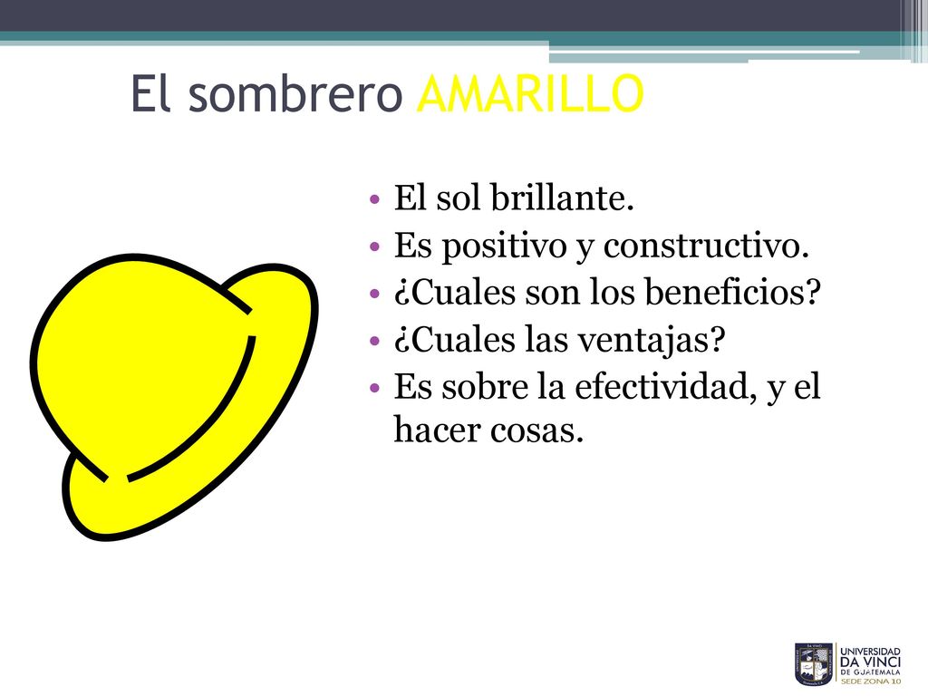 El sombrero AMARILLO El sol brillante. Es positivo y constructivo.