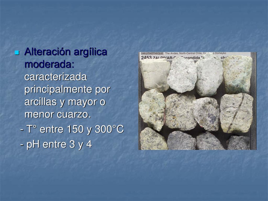 Alteración argílica moderada: caracterizada principalmente por arcillas y mayor o menor cuarzo.