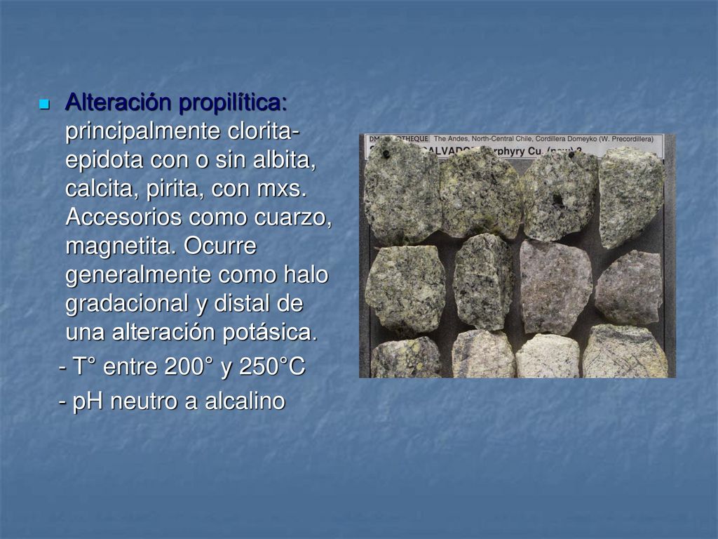 Alteración propilítica: principalmente clorita-epidota con o sin albita, calcita, pirita, con mxs. Accesorios como cuarzo, magnetita. Ocurre generalmente como halo gradacional y distal de una alteración potásica.