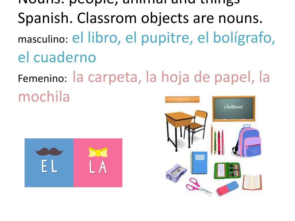 Nouns: people, animal and things Spanish. Classrom objects are nouns