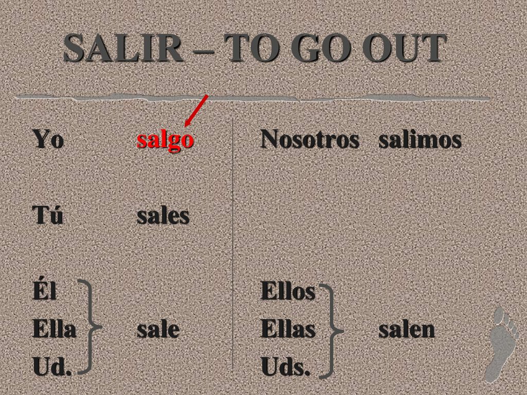 SALIR – TO GO OUT Yo salgo Tú sales Él Ella sale Ud. Nosotros salimos