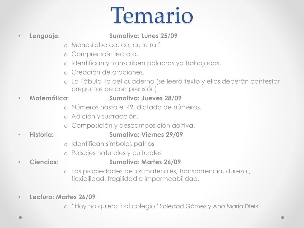 Temario Lenguaje: Sumativa: Lunes 25/09 Monosílabo ca, co, cu letra f