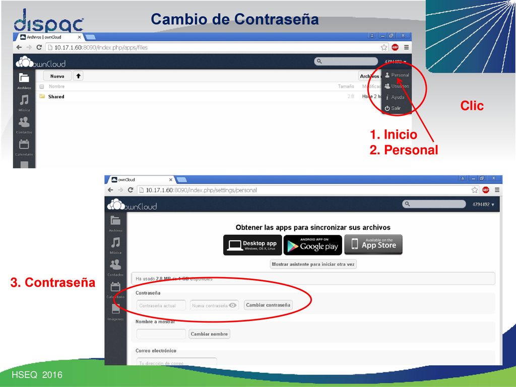 Cambio de Contraseña Clic 1. Inicio 2. Personal 3. Contraseña
