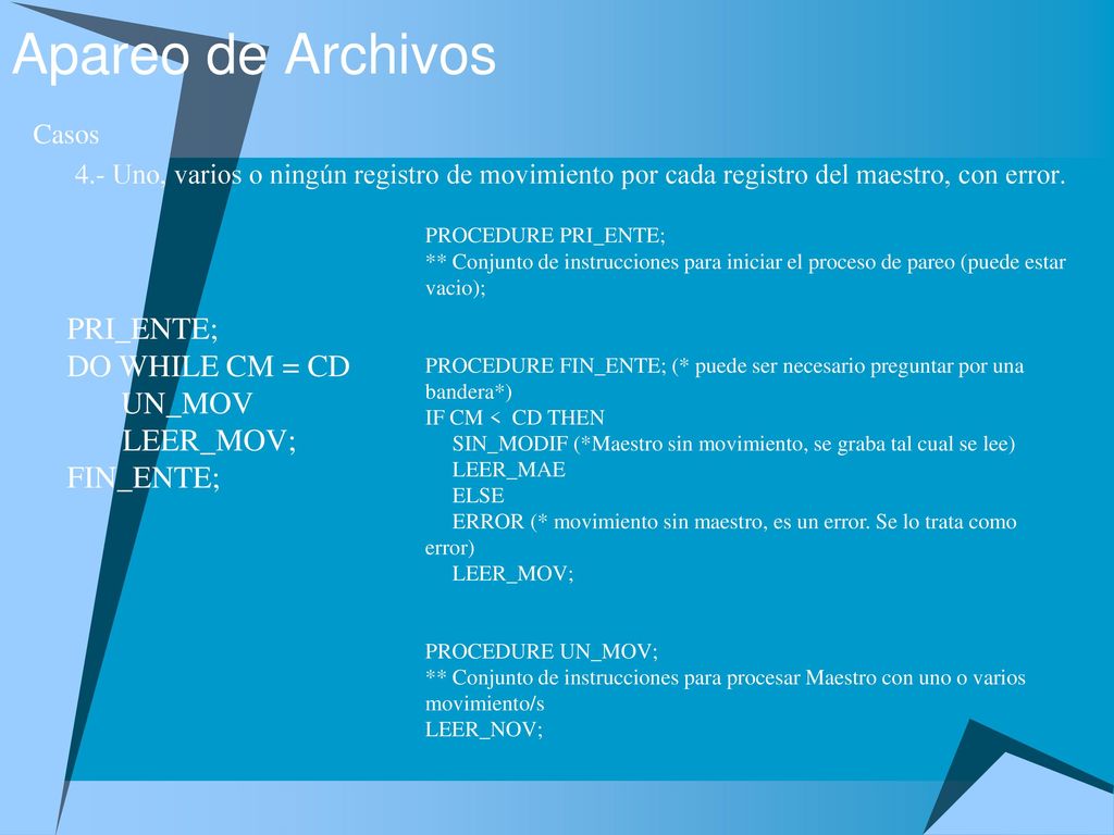 Apareo de Archivos PRI_ENTE; DO WHILE CM = CD UN_MOV LEER_MOV;