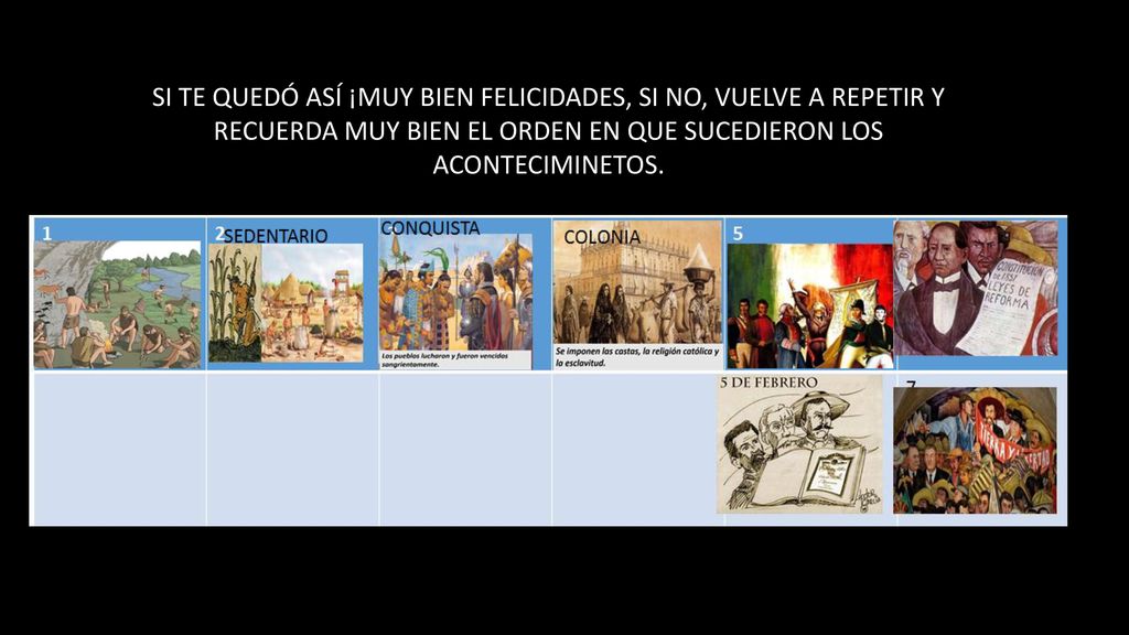 SI TE QUEDÓ ASÍ ¡MUY BIEN FELICIDADES, SI NO, VUELVE A REPETIR Y RECUERDA MUY BIEN EL ORDEN EN QUE SUCEDIERON LOS ACONTECIMINETOS.