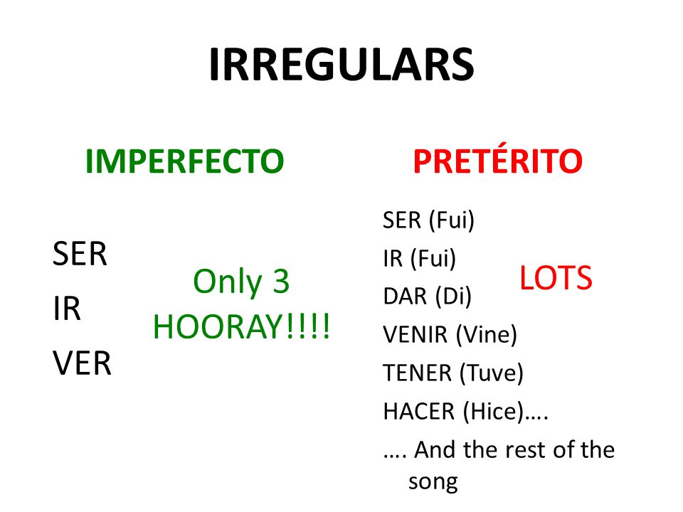IRREGULARS IMPERFECTO PRETÉRITO SER IR VER Only 3 HOORAY!!!! LOTS