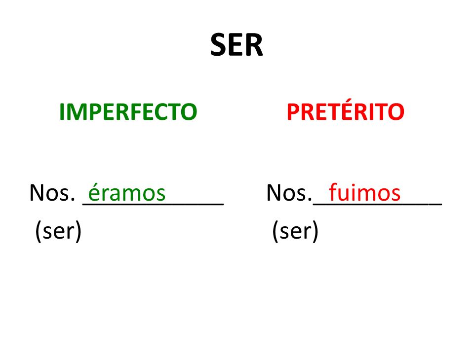 SER IMPERFECTO PRETÉRITO Nos. ___________ (ser) éramos Nos.__________
