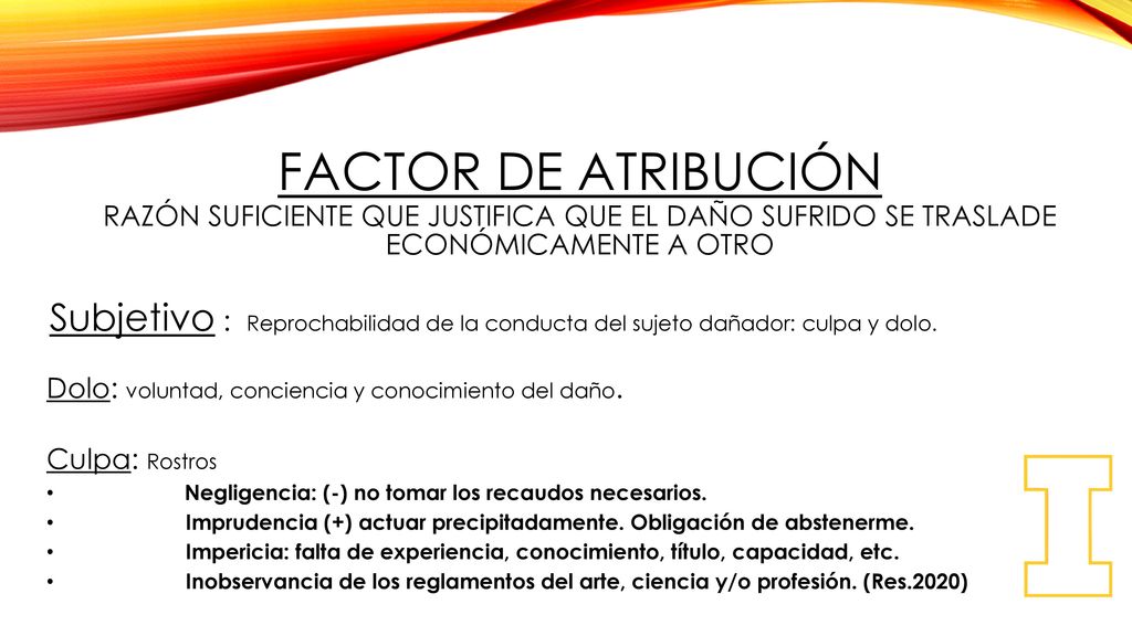 Factor de atribución Razón suficiente que justifica que el daño sufrido se traslade económicamente a otro