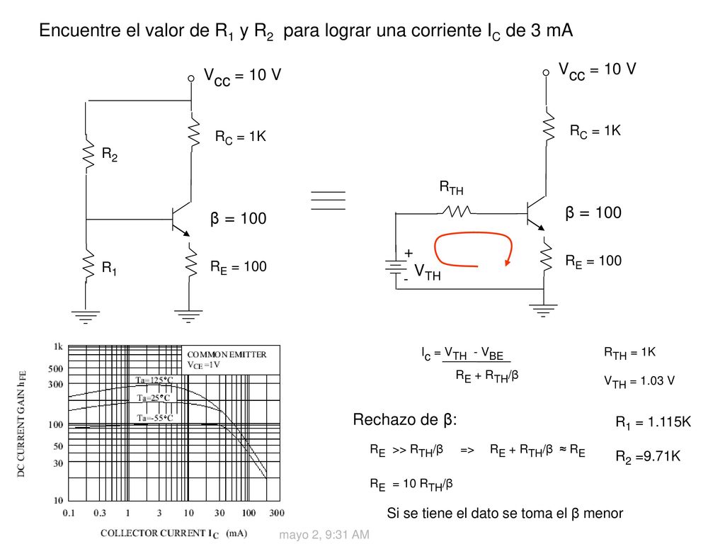 Encuentre el valor de R1 y R2 para lograr una corriente IC de 3 mA