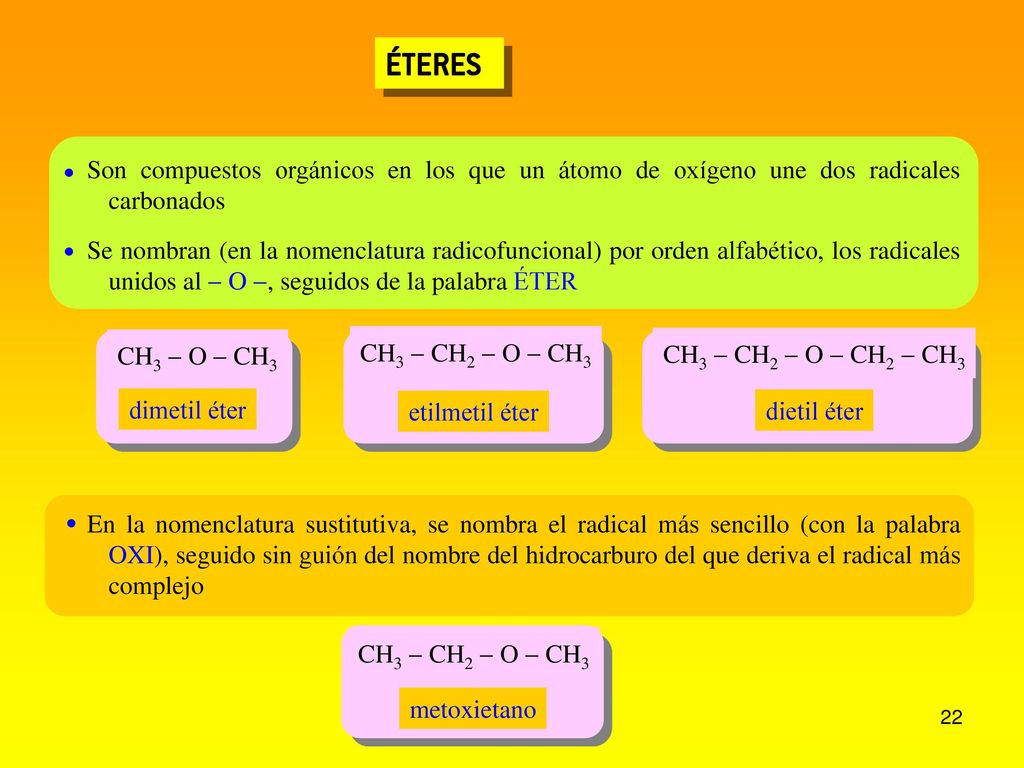 ÉTERES  Son compuestos orgánicos en los que un átomo de oxígeno une dos radicales carbonados.