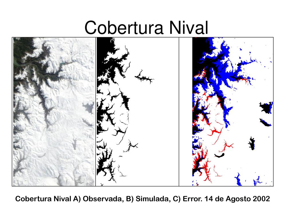 Cobertura Nival Cobertura Nival A) Observada, B) Simulada, C) Error. 14 de Agosto 2002