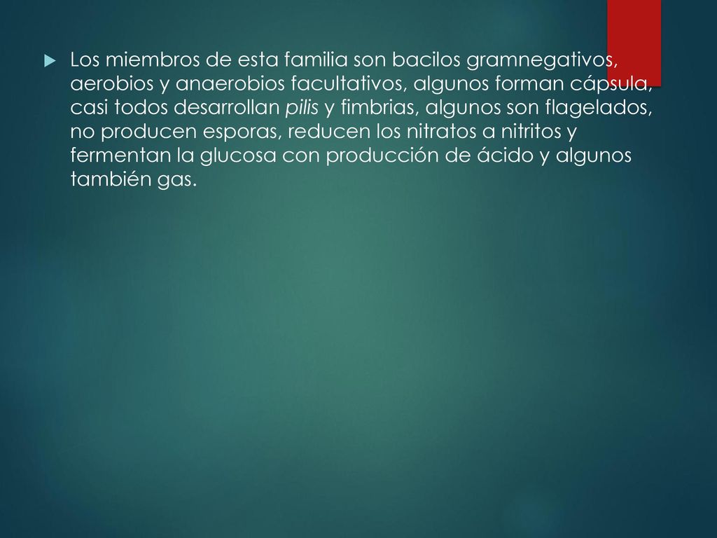 Los miembros de esta familia son bacilos gramnegativos, aerobios y anaerobios facultativos, algunos forman cápsula, casi todos desarrollan pilis y fimbrias, algunos son flagelados, no producen esporas, reducen los nitratos a nitritos y fermentan la glucosa con producción de ácido y algunos también gas.
