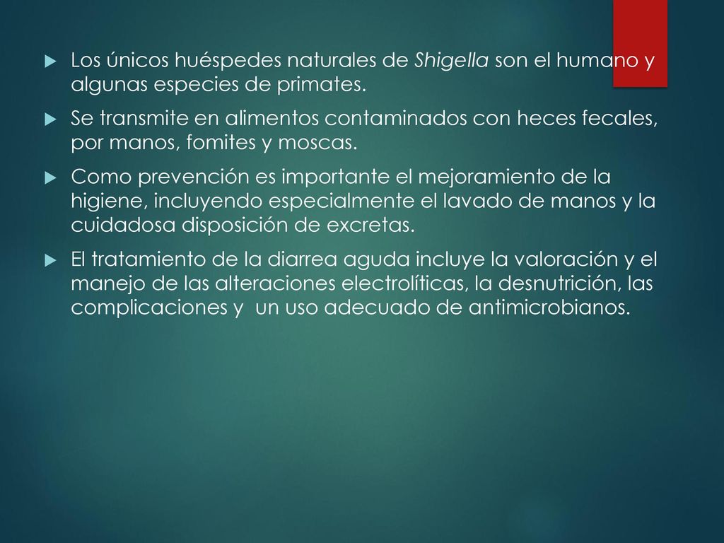 Los únicos huéspedes naturales de Shigella son el humano y algunas especies de primates.