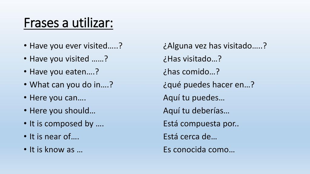 Frases a utilizar: Have you ever visited….. ¿Alguna vez has visitado….. Have you visited …… ¿Has visitado…