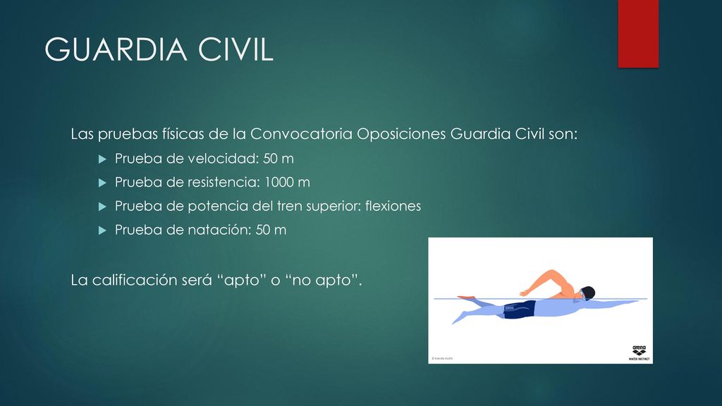 GUARDIA CIVIL Las pruebas físicas de la Convocatoria Oposiciones Guardia Civil son: Prueba de velocidad: 50 m.
