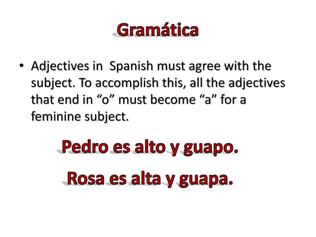 Gramática Pedro es alto y guapo. Rosa es alta y guapa.