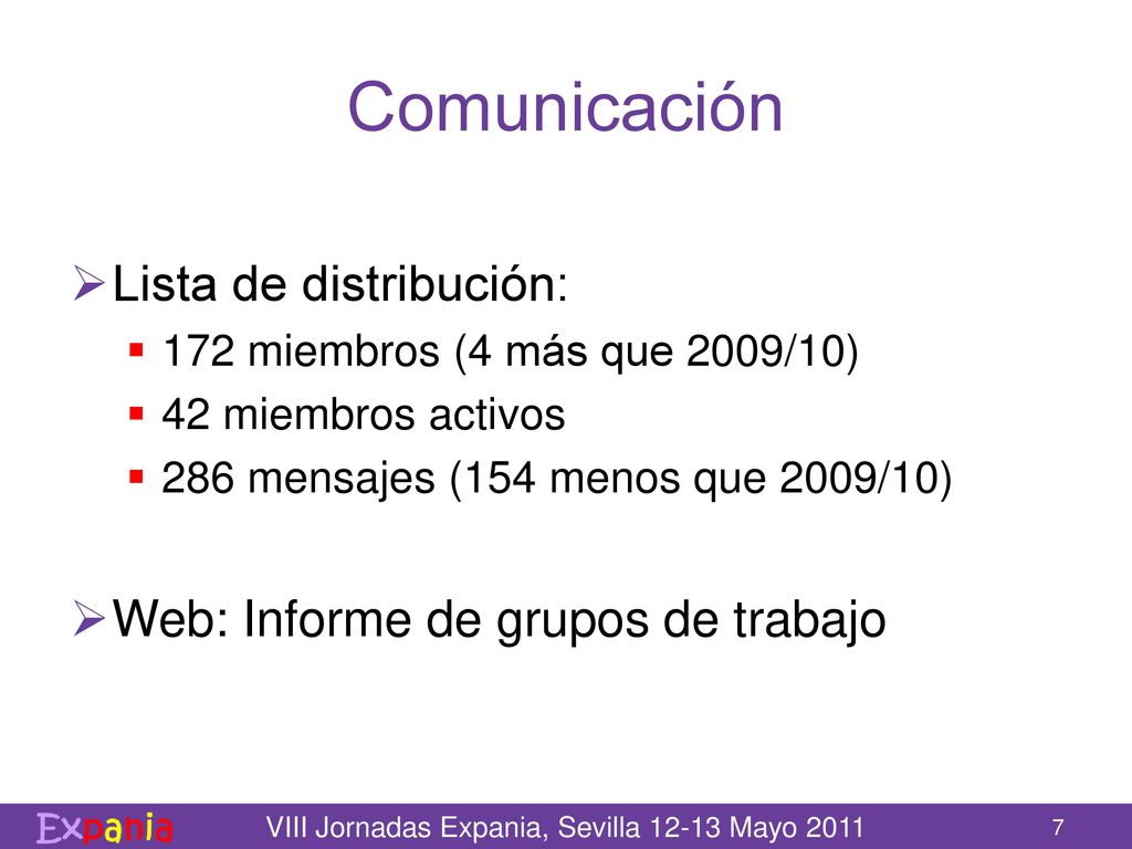 Comunicación Lista de distribución: Web: Informe de grupos de trabajo