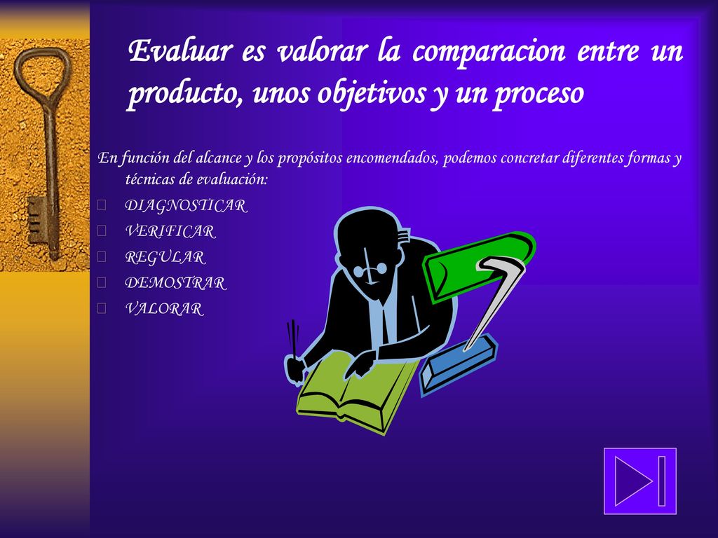 Evaluar es valorar la comparacion entre un producto, unos objetivos y un proceso