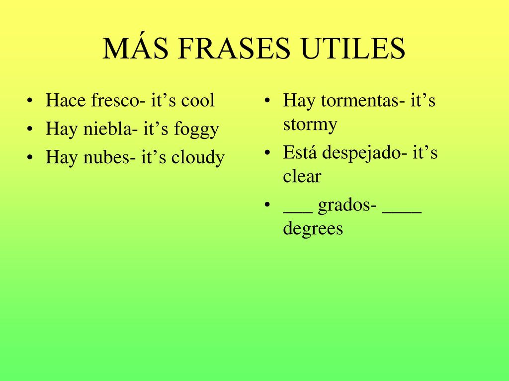 MÁS FRASES UTILES Hace fresco- it’s cool Hay niebla- it’s foggy