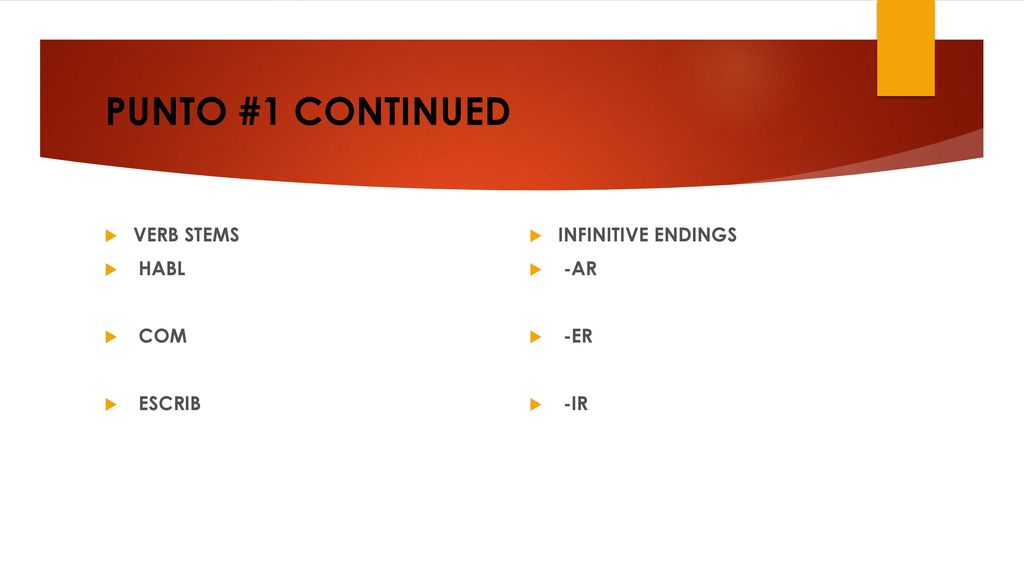 PUNTO #1 CONTINUED VERB STEMS HABL COM ESCRIB INFINITIVE ENDINGS -AR