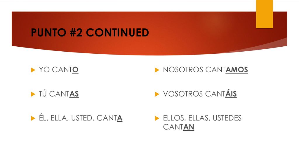 PUNTO #2 CONTINUED YO CANTO TÚ CANTAS ÉL, ELLA, USTED, CANTA