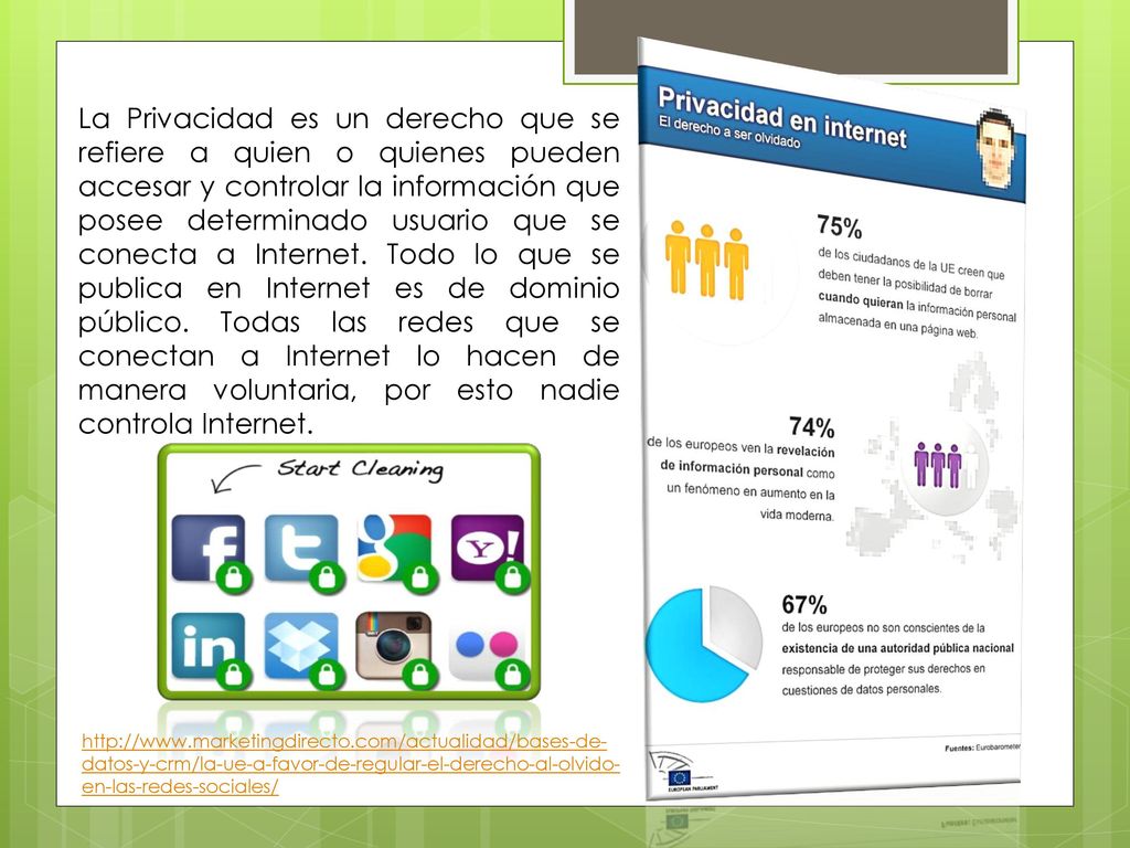 La Privacidad es un derecho que se refiere a quien o quienes pueden accesar y controlar la información que posee determinado usuario que se conecta a Internet. Todo lo que se publica en Internet es de dominio público. Todas las redes que se conectan a Internet lo hacen de manera voluntaria, por esto nadie controla Internet.