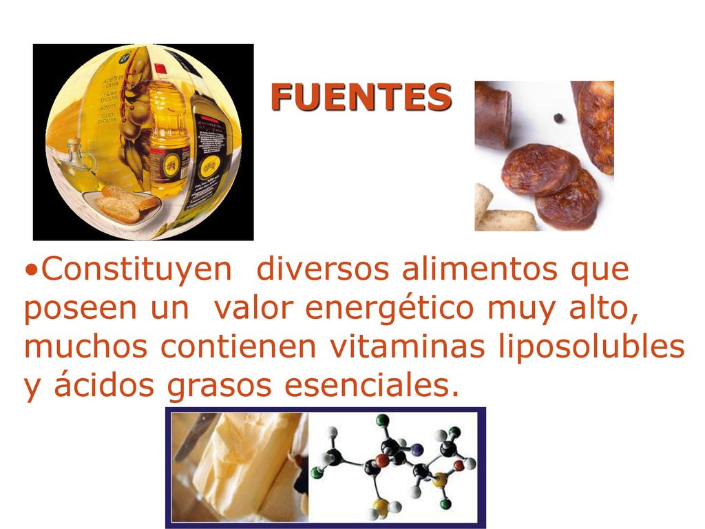 FUENTES Constituyen diversos alimentos que poseen un valor energético muy alto, muchos contienen vitaminas liposolubles y ácidos grasos esenciales.