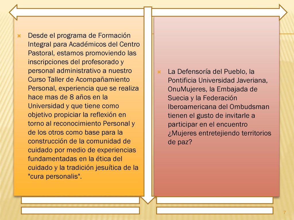 Desde el programa de Formación Integral para Académicos del Centro Pastoral, estamos promoviendo las inscripciones del profesorado y personal administrativo a nuestro Curso Taller de Acompañamiento Personal, experiencia que se realiza hace mas de 8 años en la Universidad y que tiene como objetivo propiciar la reflexión en torno al reconocimiento Personal y de los otros como base para la construcción de la comunidad de cuidado por medio de experiencias fundamentadas en la ética del cuidado y la tradición jesuítica de la cura personalis .