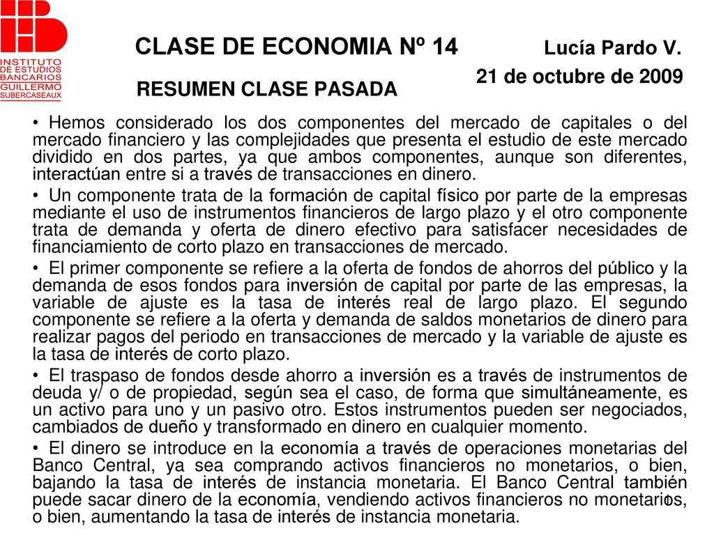 CLASE DE ECONOMIA Nº 14 Lucía Pardo V. 21 de octubre de 2009