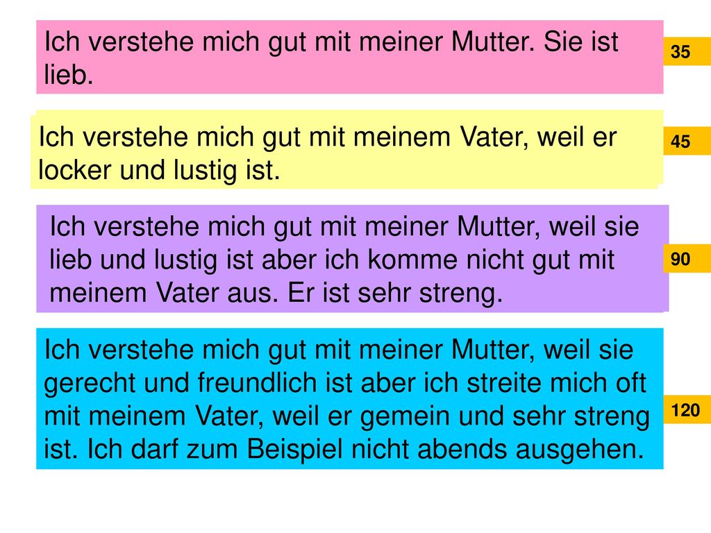 Ich verstehe mich gut mit meiner Mutter. Sie ist lieb.