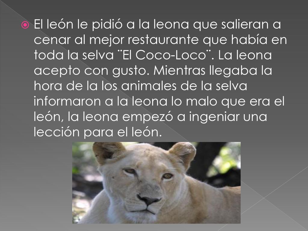 El león le pidió a la leona que salieran a cenar al mejor restaurante que había en toda la selva ¨El Coco-Loco¨.