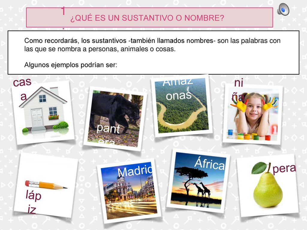 SUSTANTIVOS Y GRUPO NOMINAL 1. Amazonas casa niña pantera África pera