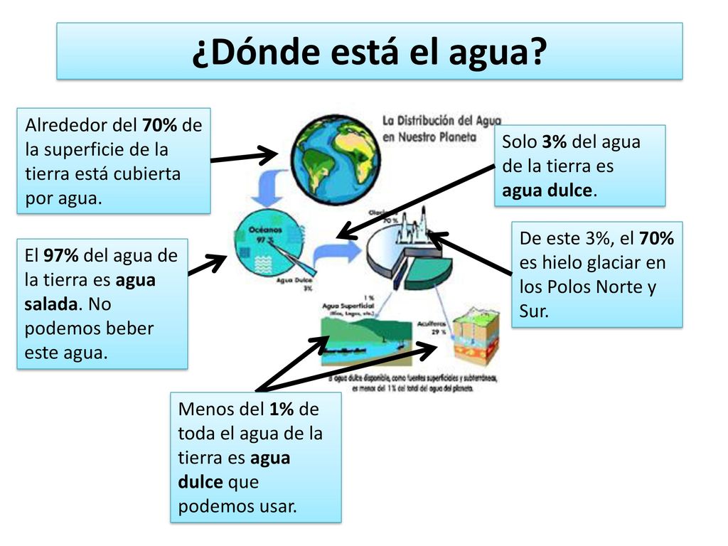 ¿Dónde está el agua Alrededor del 70% de la superficie de la tierra está cubierta por agua. Solo 3% del agua de la tierra es agua dulce.