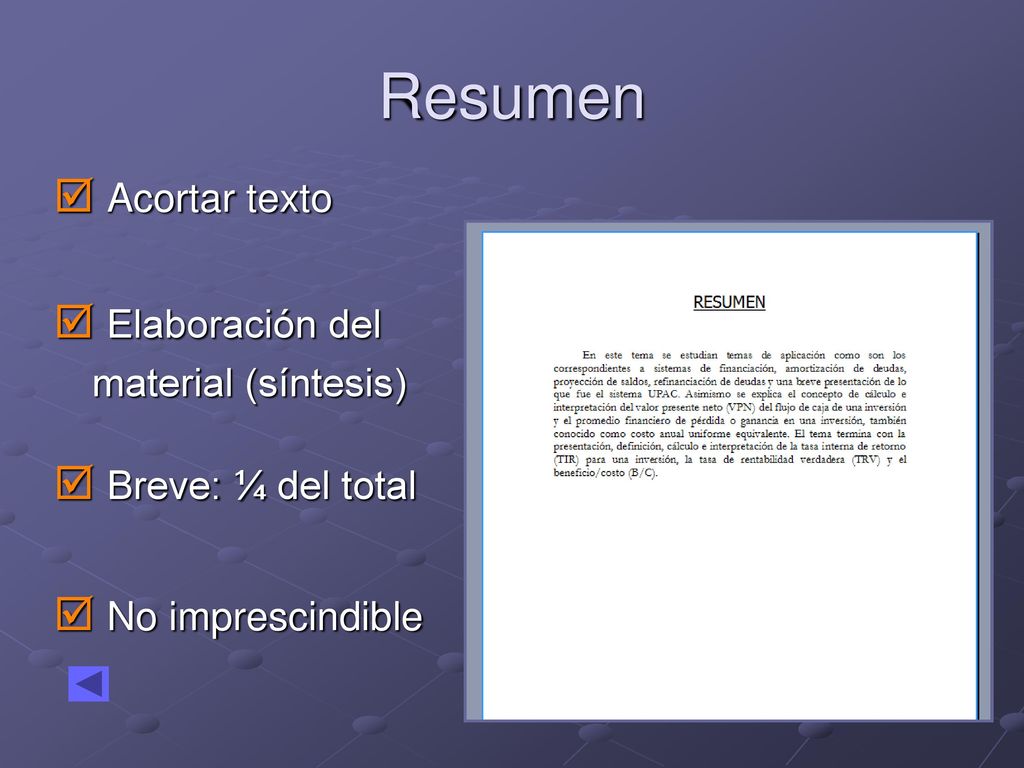 Resumen Acortar texto Elaboración del Breve: ¼ del total