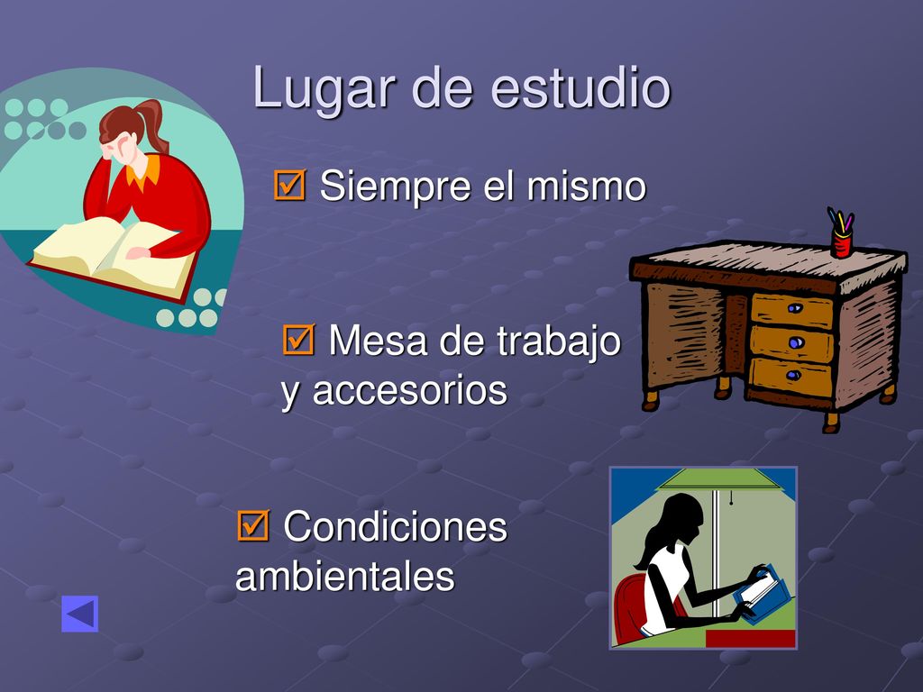 Lugar de estudio Siempre el mismo Mesa de trabajo y accesorios