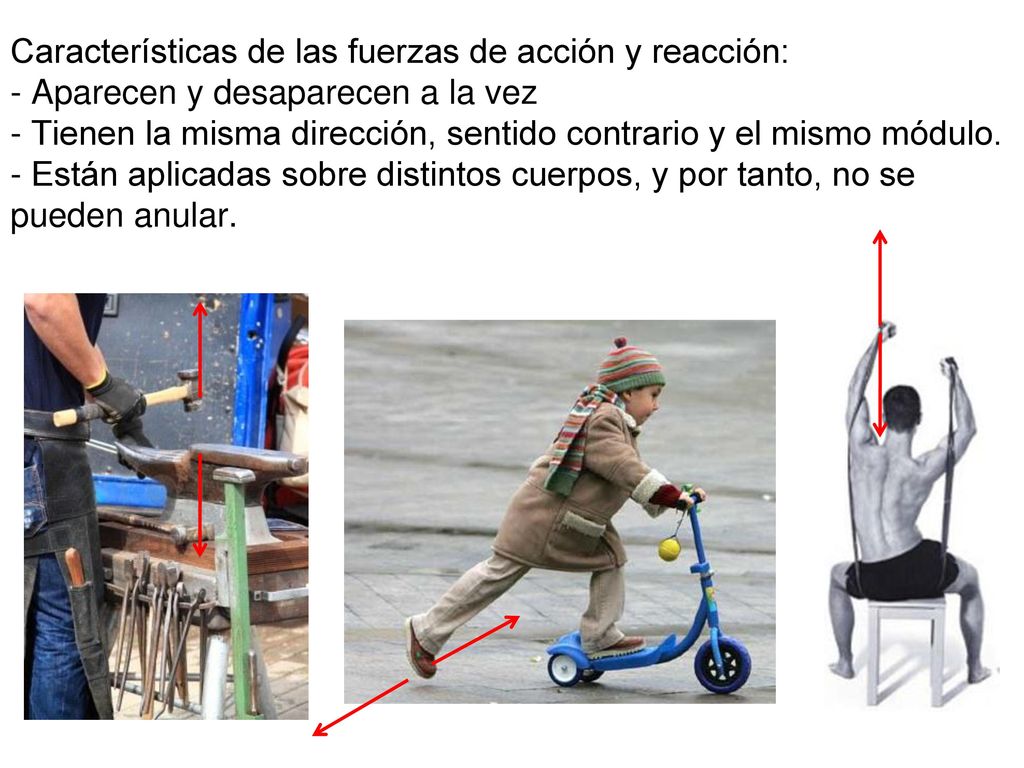 Características de las fuerzas de acción y reacción: - Aparecen y desaparecen a la vez - Tienen la misma dirección, sentido contrario y el mismo módulo.