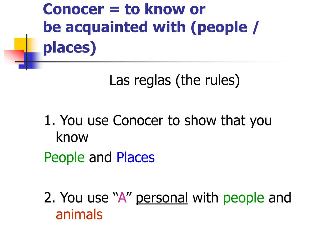 Conocer = to know or be acquainted with (people / places)