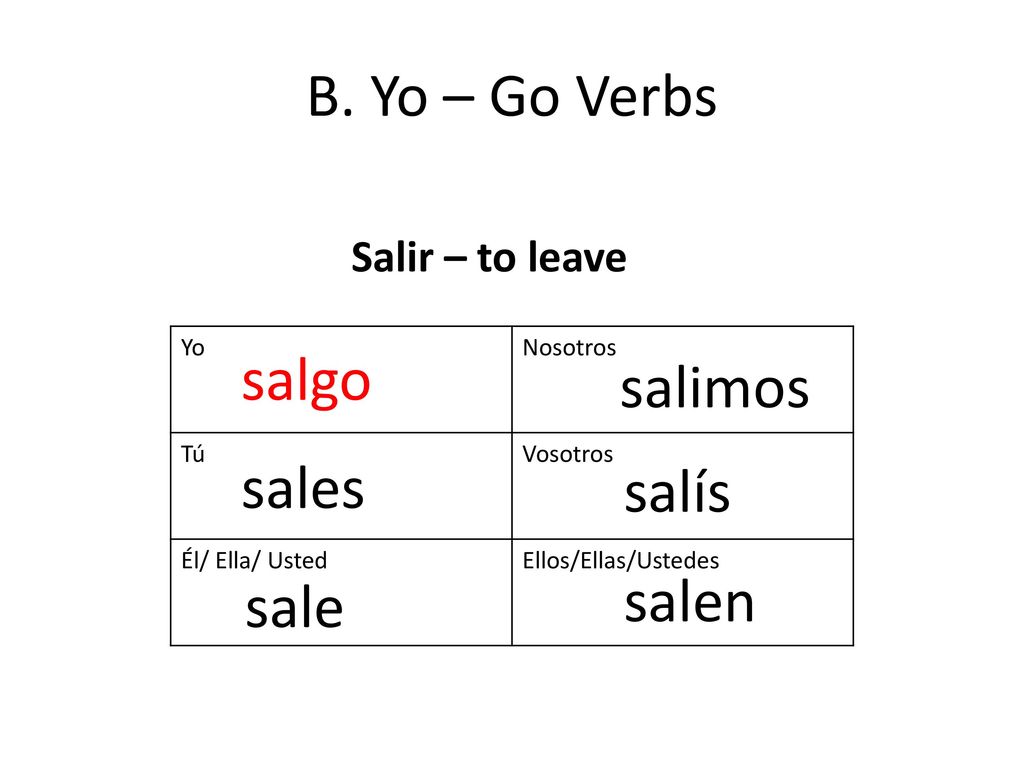 B. Yo – Go Verbs salgo salimos sales salís salen sale Salir – to leave