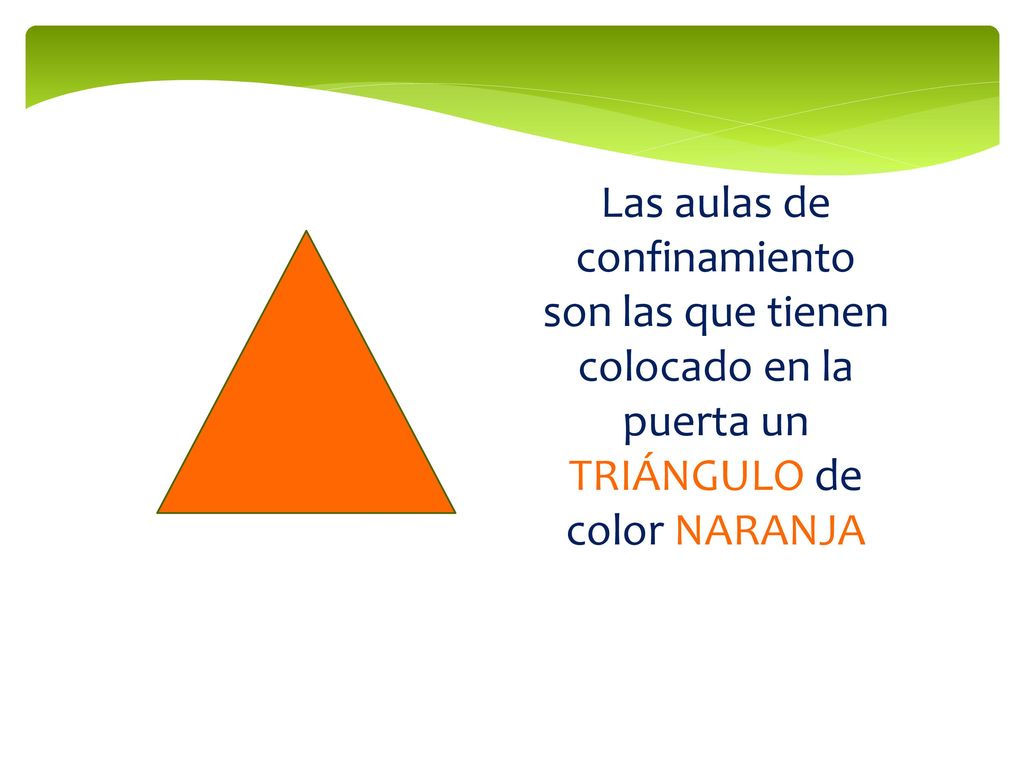 Las aulas de confinamiento son las que tienen colocado en la puerta un TRIÁNGULO de color NARANJA