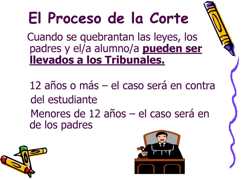 El Proceso de la Corte Cuando se quebrantan las leyes, los padres y el/a alumno/a pueden ser llevados a los Tribunales.