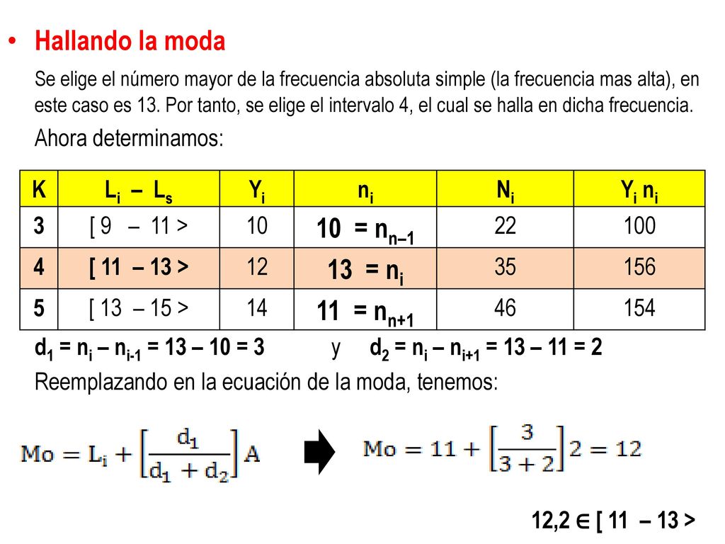 Hallando la moda 10 = nn–1 13 = ni 11 = nn+1