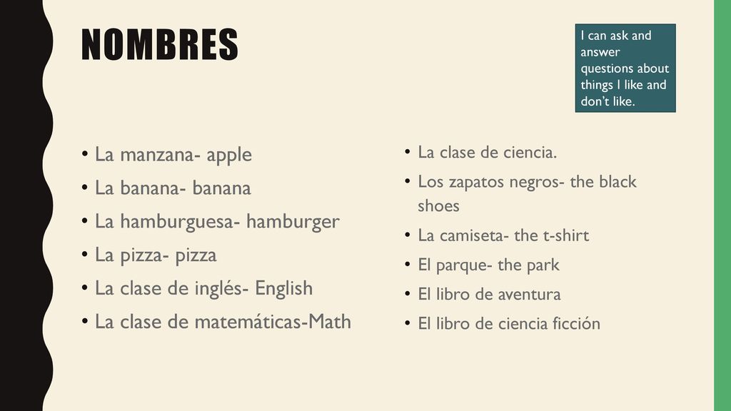 Nombres La manzana- apple La banana- banana La hamburguesa- hamburger