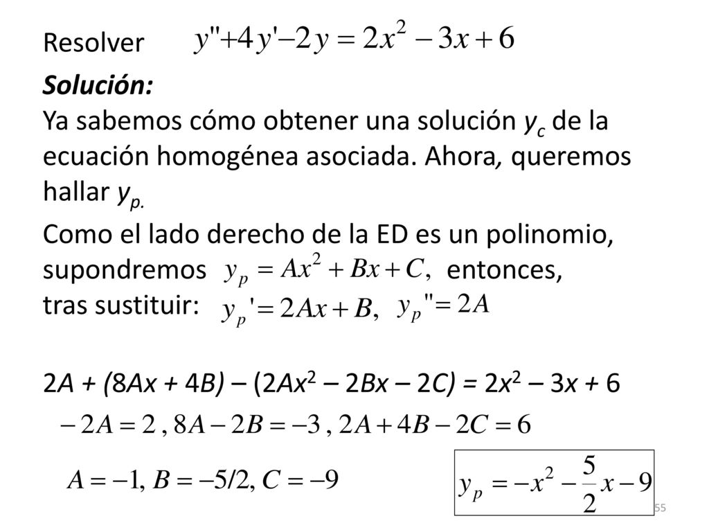 Resolver Solución: Ya sabemos cómo obtener una solución yc de la ecuación homogénea asociada. Ahora, queremos hallar yp.
