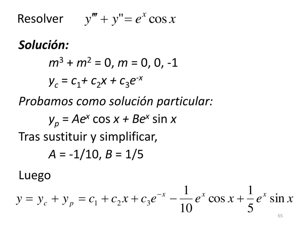 Resolver Solución: m3 + m2 = 0, m = 0, 0, -1 yc = c1+ c2x + c3e-x.