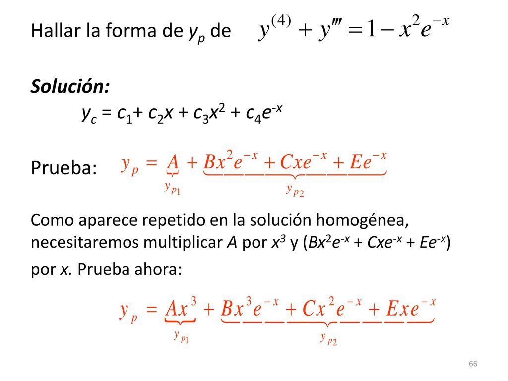 Hallar la forma de yp de Solución: yc = c1+ c2x + c3x2 + c4e-x.