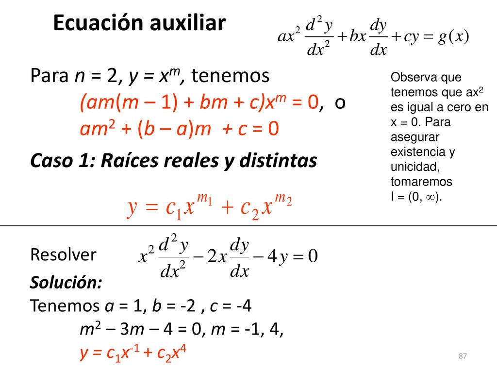 Ecuación auxiliar Para n = 2, y = xm, tenemos (am(m – 1) + bm + c)xm = 0, o am2 + (b – a)m + c = 0.