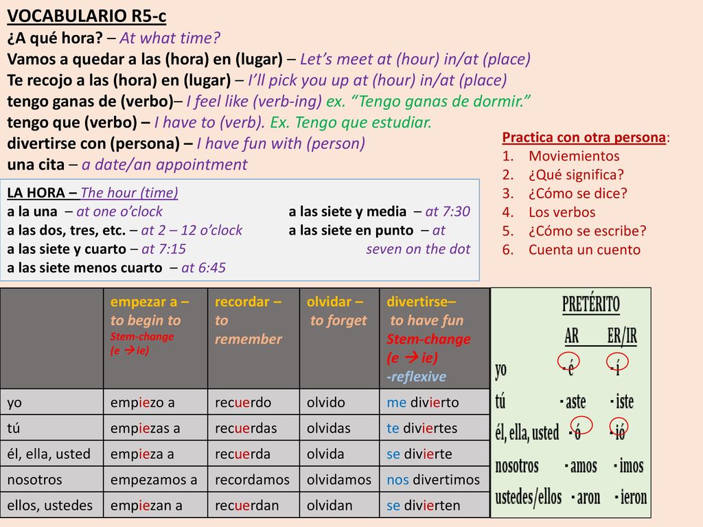 VOCABULARIO R5-c ¿A qué hora – At what time
