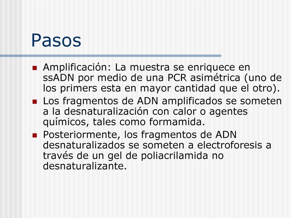 Pasos Amplificación: La muestra se enriquece en ssADN por medio de una PCR asimétrica (uno de los primers esta en mayor cantidad que el otro).
