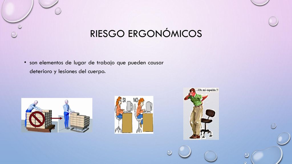 Riesgo ergonómicos son elementos de lugar de trabajo que pueden causar deterioro y lesiones del cuerpo.